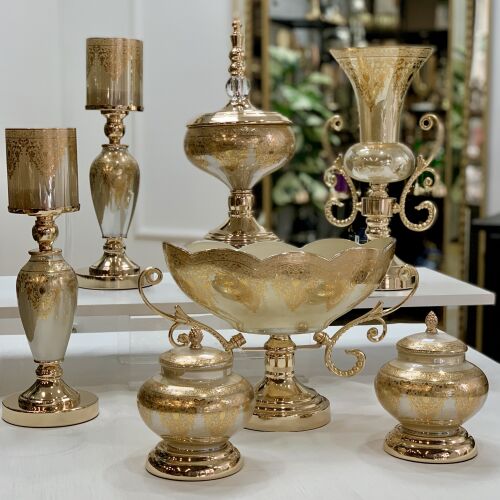 Imperial Royal Crest 7 Parça Salon Aksesuar Seti – Gold & Bej, Klasik Lüks Dekor - 3