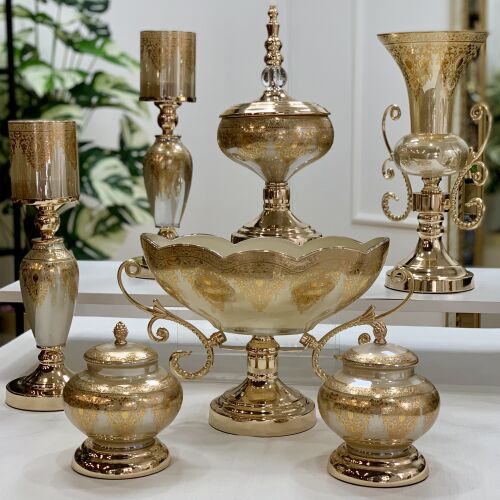 Imperial Royal Crest 7 Parça Salon Aksesuar Seti – Gold & Bej, Klasik Lüks Dekor - 5