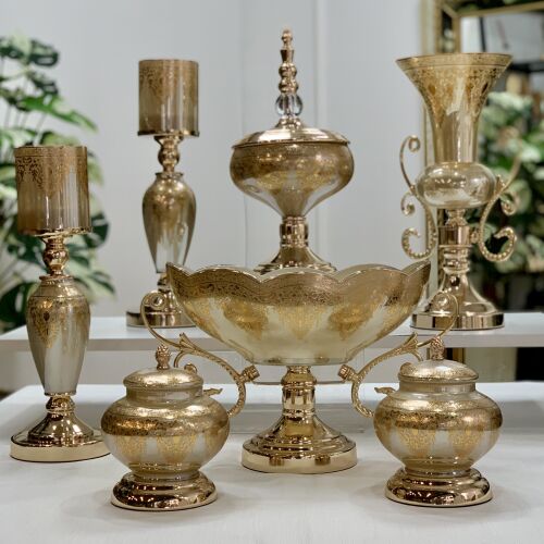 Imperial Royal Crest 7 Parça Salon Aksesuar Seti – Gold & Bej, Klasik Lüks Dekor - 6