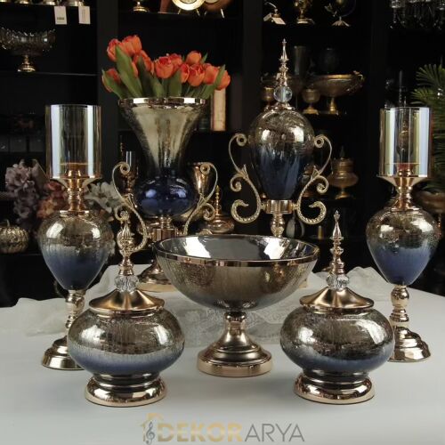 Lacivert Gold Lüks Salon Dekor Seti – Gösterişli Cam & Altın Detaylı 7 Parça Set - 9